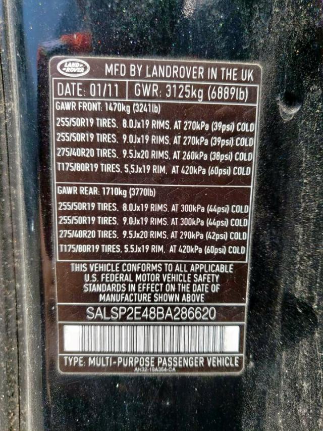 SALSP2E48BA286620 - 2011 LAND ROVER RANGE ROVE BLACK photo 10