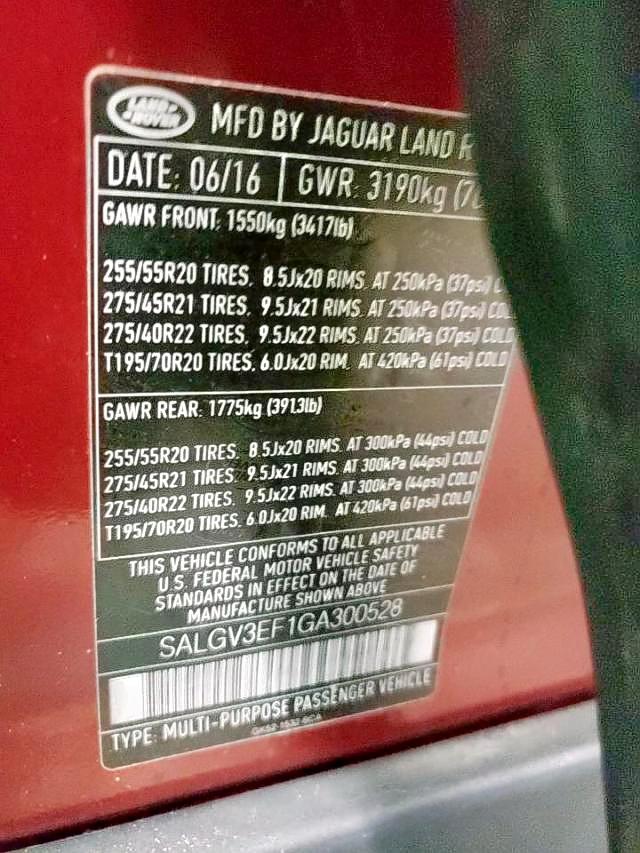 SALGV3EF1GA300528 - 2016 LAND ROVER RANGE ROVE BURGUNDY photo 10