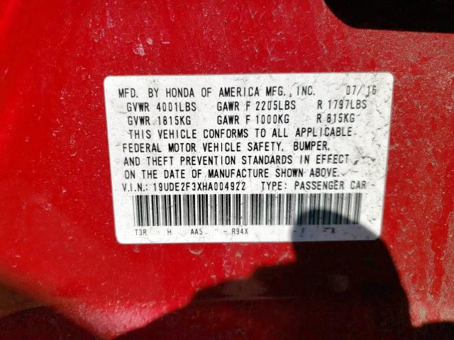 19UDE2F3XHA004922 - 2017 ACURA ILX BASE W RED photo 10