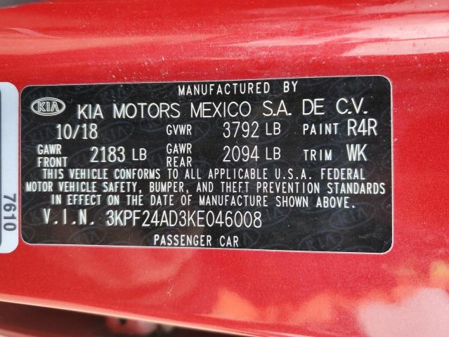 3KPF24AD3KE046008 - 2019 KIA FORTE FE RED photo 12