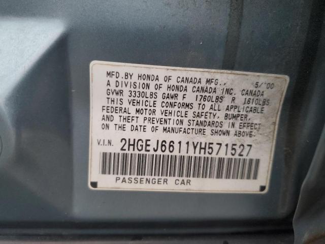 2HGEJ6611YH571527 - 2000 HONDA CIVIC BASE BLUE photo 12