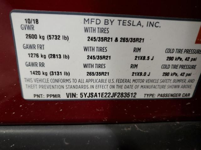 5YJSA1E22JF****** - 2018 TESLA MODEL S Rojo foto 13