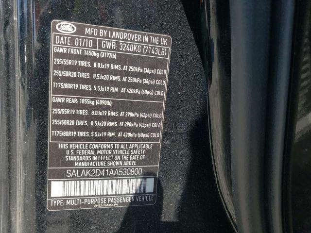 SALAK2D41AA530800 - 2010 LAND ROVER LR4 შავი ფოტო 10