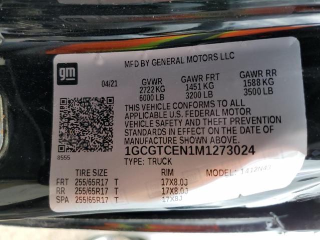 1GCGTCEN1M1273024 - 2021 CHEVROLET COLORADO L BLACK photo 12