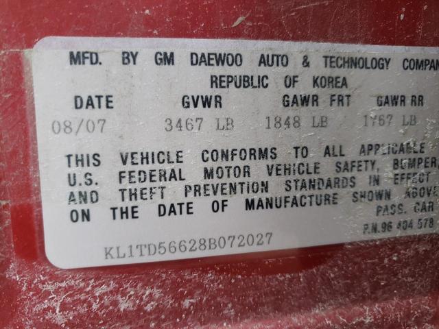 KL1TD56628B072027 - 2008 CHEVROLET AVEO BASE BURGUNDY photo 12