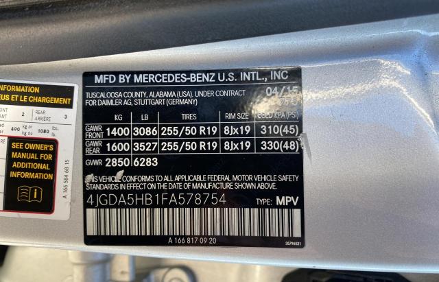 4JGDA5HB1FA578754 - 2015 MERCEDES-BENZ ML 350 4MA SILVER photo 10