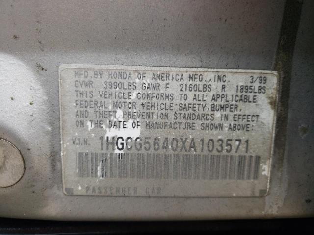 1HGCG5640XA103571 - 1999 HONDA ACCORD LX SILVER photo 10