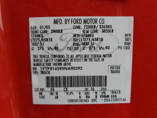 1FTPX14595N****** - 2005 FORD F-150 RED photo 12