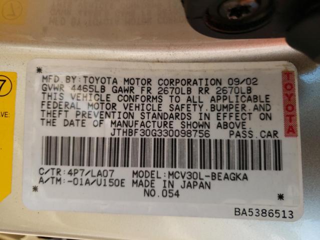 JTHBF30G330098756 - 2003 LEXUS ES 300 GOLD photo 12