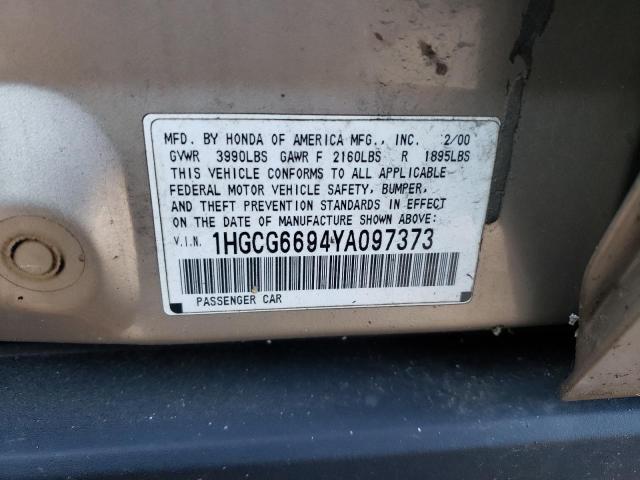 1HGCG6694YA097373 - 2000 HONDA ACCORD SE TAN photo 12