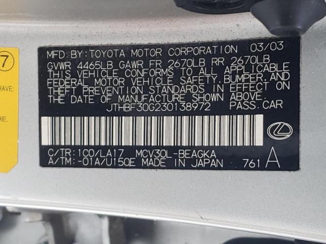 JTHBF30G230138972 - 2003 LEXUS ES 300 SILVER photo 12