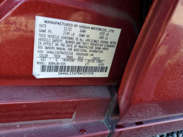 1N4AL11D76N355316 - 2006 NISSAN ALTIMA S RED photo 12