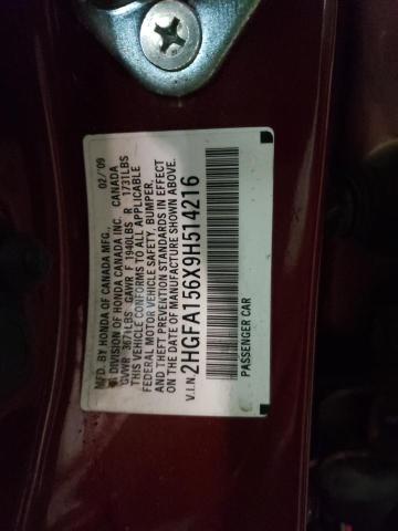 2HGFA156X9H514216 - 2009 HONDA CIVIC LX-S ბურგუნდია ფოტო 12