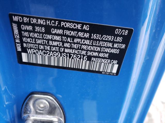 WP0AC2A99JS176216 - 2018 PORSCHE 911 GT3 BLUE photo 12