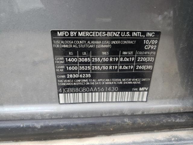 4JGBB8GB0AA561430 - 2010 MERCEDES-BENZ ML 350 4MA GRAY photo 13