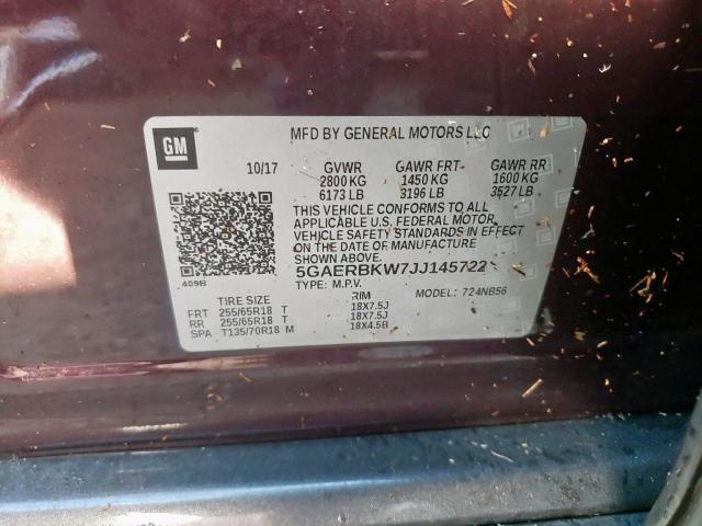 5GAERBKW7JJ145722 - 2018 BUICK ENCLAVE ES BURGUNDY photo 10