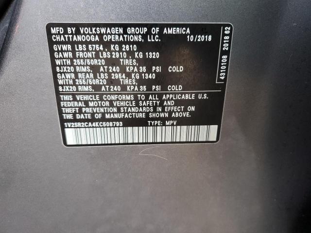 1V2SR2CA4KC508793 - 2019 VOLKSWAGEN ATLAS SEL CHARCOAL photo 14