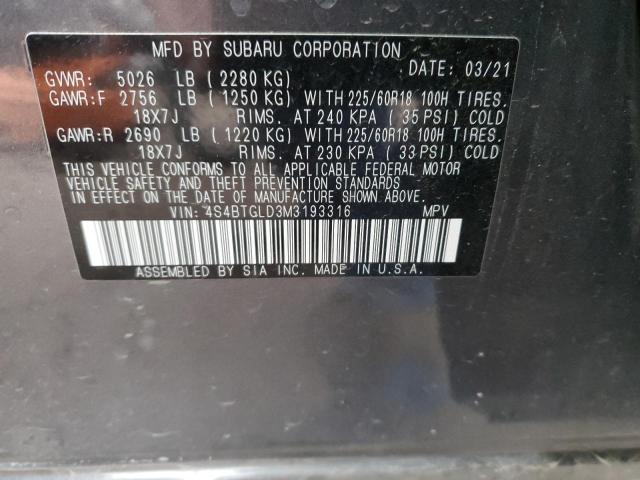 4S4BTGLD3M3193316 - 2021 SUBARU OUTBACK ON GRAY photo 12