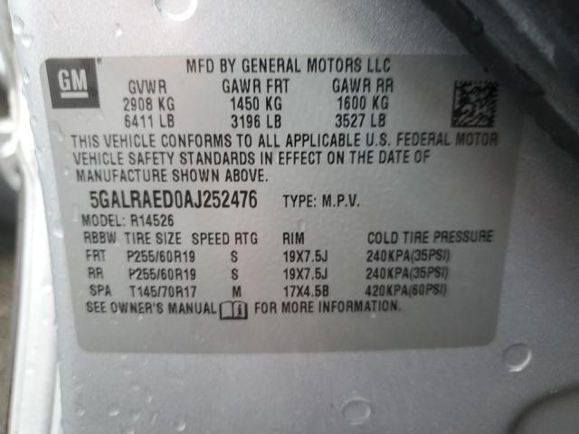 5GALRAED0AJ252476 - 2010 BUICK ENCLAVE CX SILVER photo 12