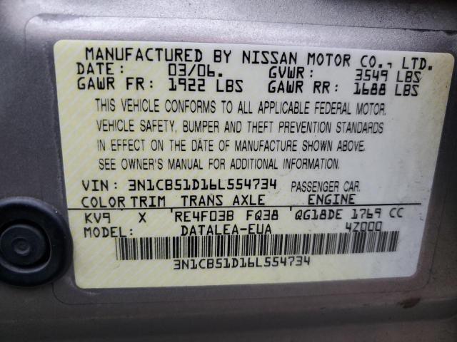 3N1CB51D16L554734 - 2006 NISSAN SENTRA BEIGE photo 12