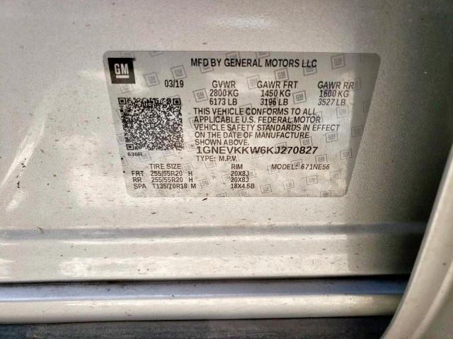 1GNEVKKW6KJ270827 - 2019 CHEVROLET TRAVERSE P SILVER photo 10