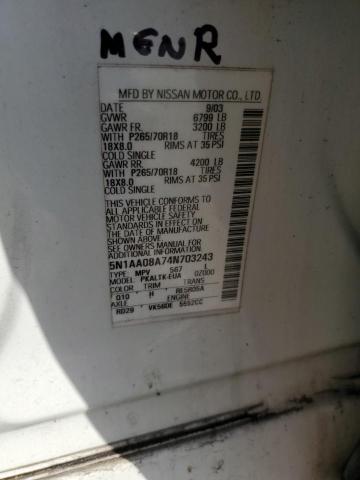 5N1AA08A74N703243 - 2004 NISSAN ARMADA SE WHITE photo 13