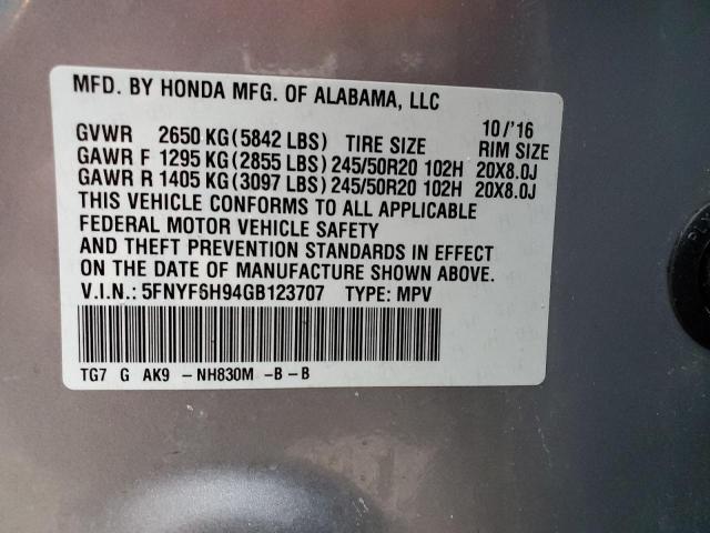 5FNYF6H94GB123707 - 2016 HONDA PILOT TOUR SILVER photo 13