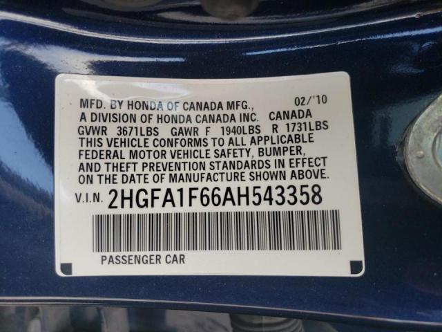 2HGFA1F66AH543358 - 2010 HONDA CIVIC LX-S ლურჯი ფოტო 12