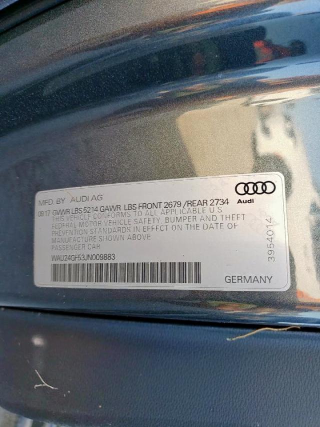WAU24GF53JN009883 - 2018 AUDI S5 PRESTIG GRAY photo 10