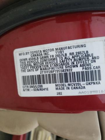 2T1FF28P72C582922 - 2002 TOYOTA CAMRY SOLA RED photo 12