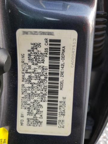 5YFBU4EE1CP034161 - 2012 TOYOTA COROLLA BA CHARCOAL photo 13