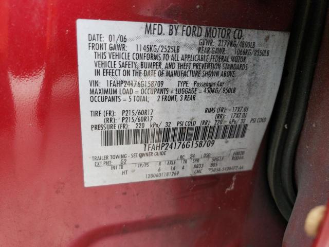 1FAHP24176G158709 - 2006 FORD FIVE HUNDR RED photo 12