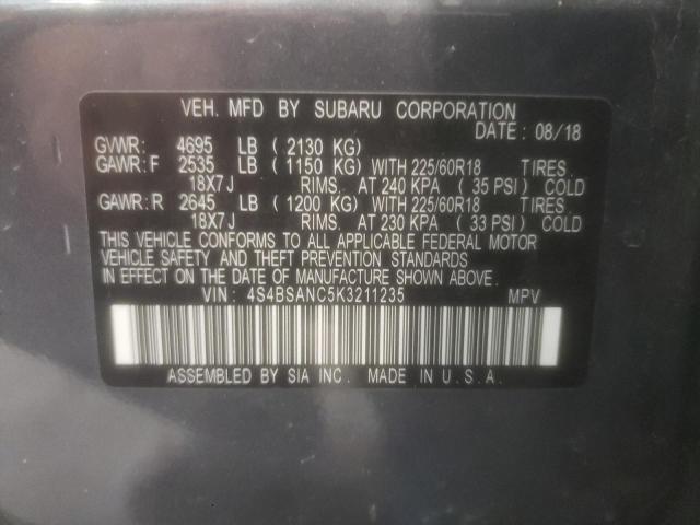 4S4BSANC5K3211235 - 2019 SUBARU OUTBACK 2. GRAY photo 13