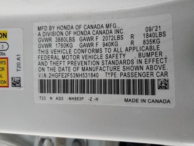 2HGFE2F53NH531840 - 2022 HONDA CIVIC SPOR 白色 照片 12