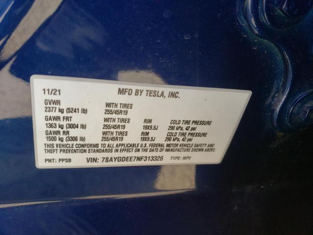 7SAYGDEE7NF313326 - 2022 TESLA MODEL Y BLUE photo 12