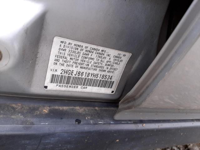 2HGEJ6618YH518534 - 2000 HONDA CIVIC BASE SILVER photo 12