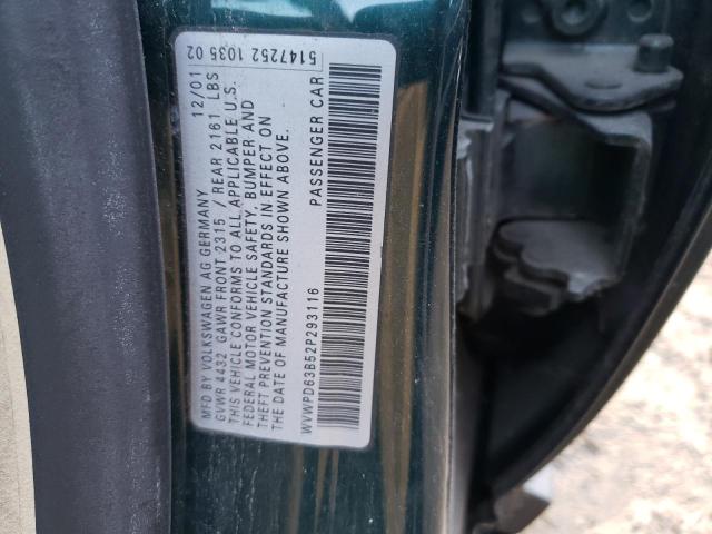 WVWPD63B52P293116 - 2002 VOLKSWAGEN PASSAT GLS GREEN photo 12