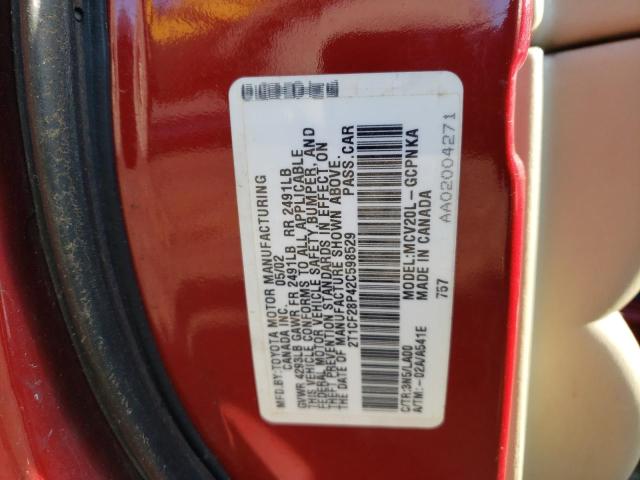 2T1CF28P42C598529 - 2002 TOYOTA CAMRY SOLA RED photo 12