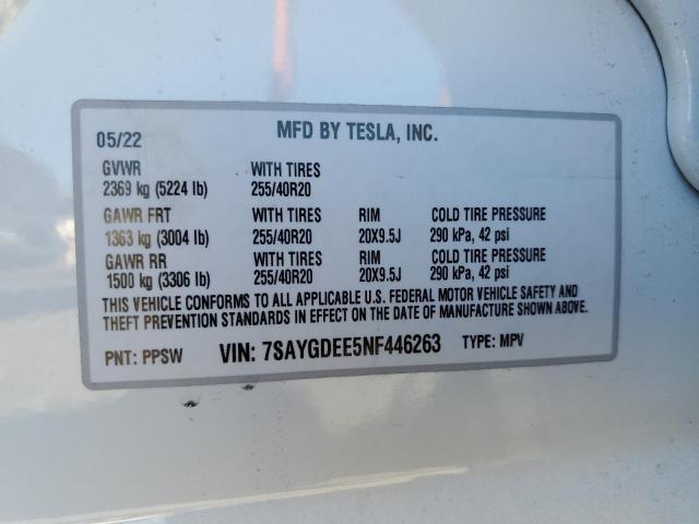 7SAYGDEE5NF446263 - 2022 TESLA MODEL Y WHITE photo 13