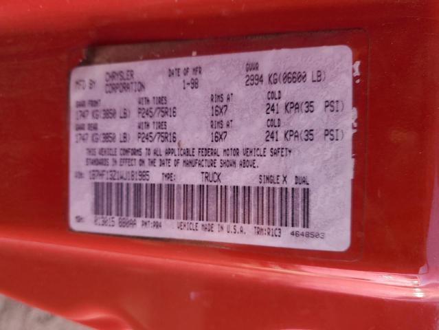 1B7HF13Z1WJ181985 - 1998 DODGE RAM PICKUP RED photo 12