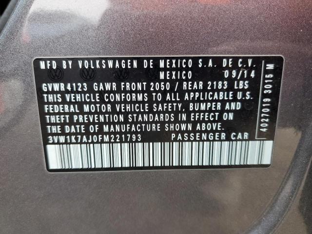 3VW1K7AJ0FM221793 - 2015 VOLKSWAGEN JETTA BASE 灰色 照片 12