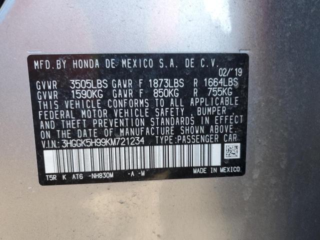 3HGGK5H99KM721234 - 2019 HONDA FIT EXL SILVER photo 12