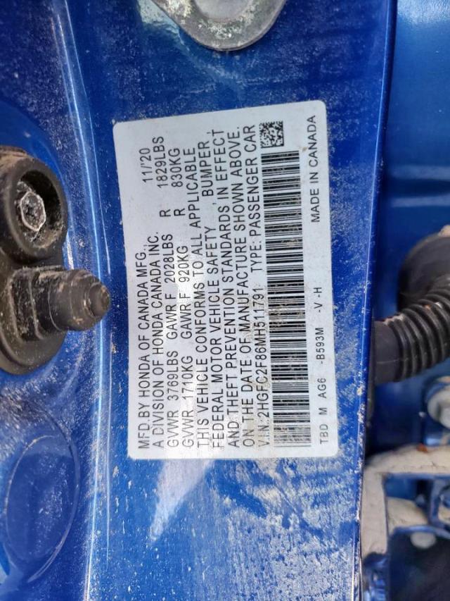 2HGFC2F86MH511791 - 2021 HONDA CIVIC SPOR 蓝色 照片 10