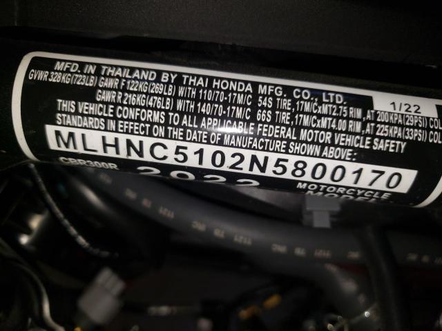 MLHNC5102N5800170 - 2022 HONDA CBR300 R RED photo 10