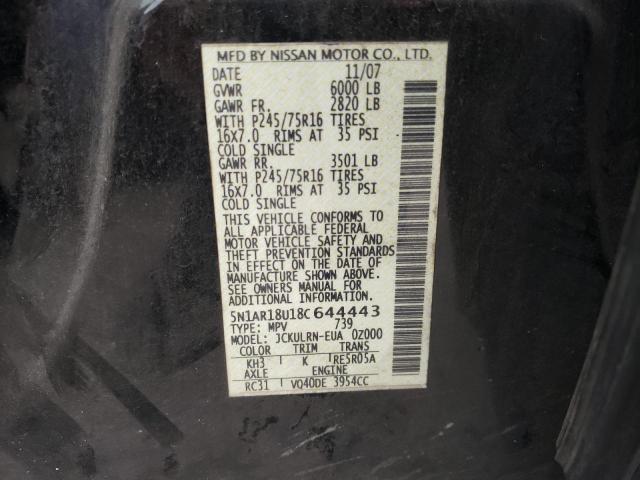 5N1AR18U18C644443 - 2008 NISSAN PATHFINDER BLACK photo 12