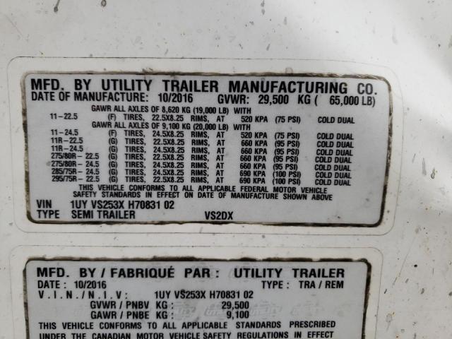 1UYVS253XH7083102 - 2017 UTILITY TRAILER WHITE photo 10