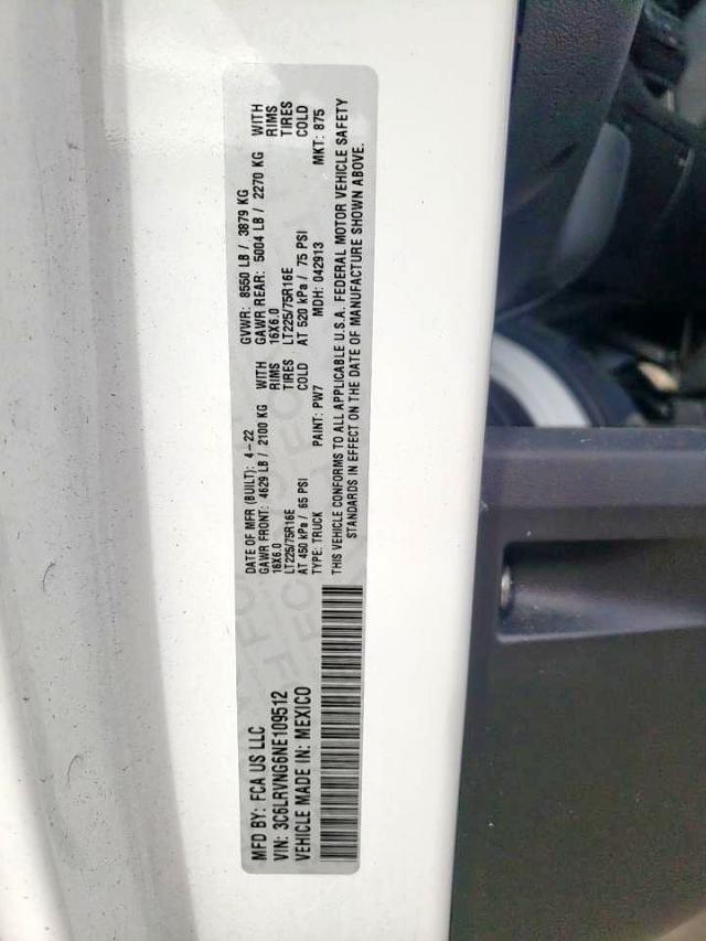 3C6LRVNG6NE109512 - 2022 RAM PROMASTER WHITE photo 10