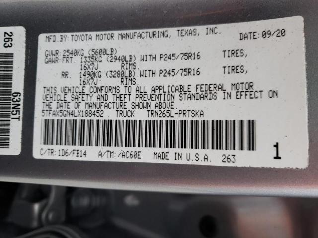 5TFAX5GN4LX188452 - 2020 TOYOTA TACOMA DOU 银色 照片 13