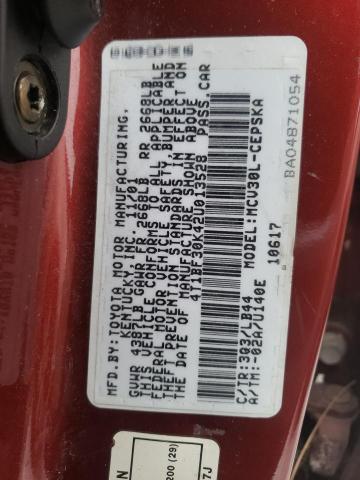 4T1BF30K42U013528 - 2002 TOYOTA CAMRY RED photo 12