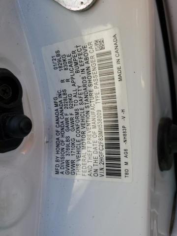 2HGFC2F83MH538009 - 2021 HONDA CIVIC SPOR Weiß Foto 12